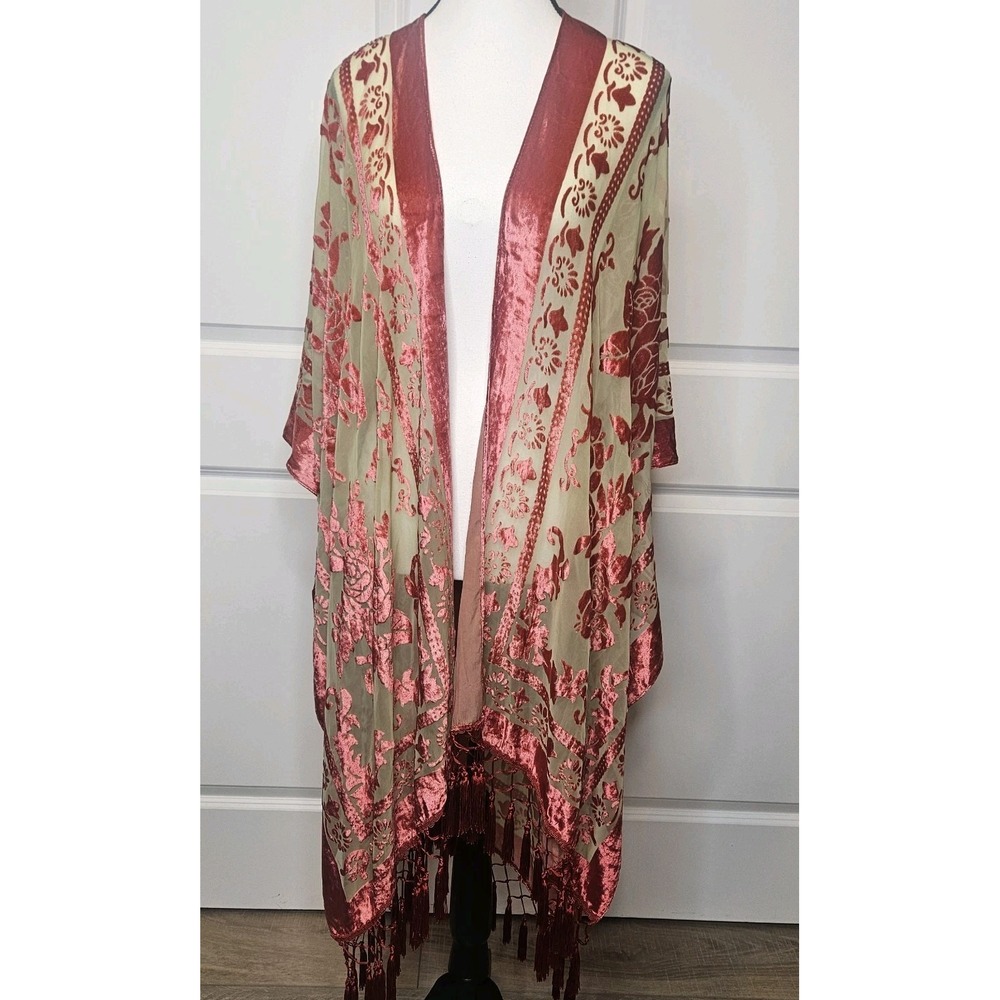 Velvet Burnout Kimono Open Front One Size Floral Fringe Trim Boho Whimsigoth